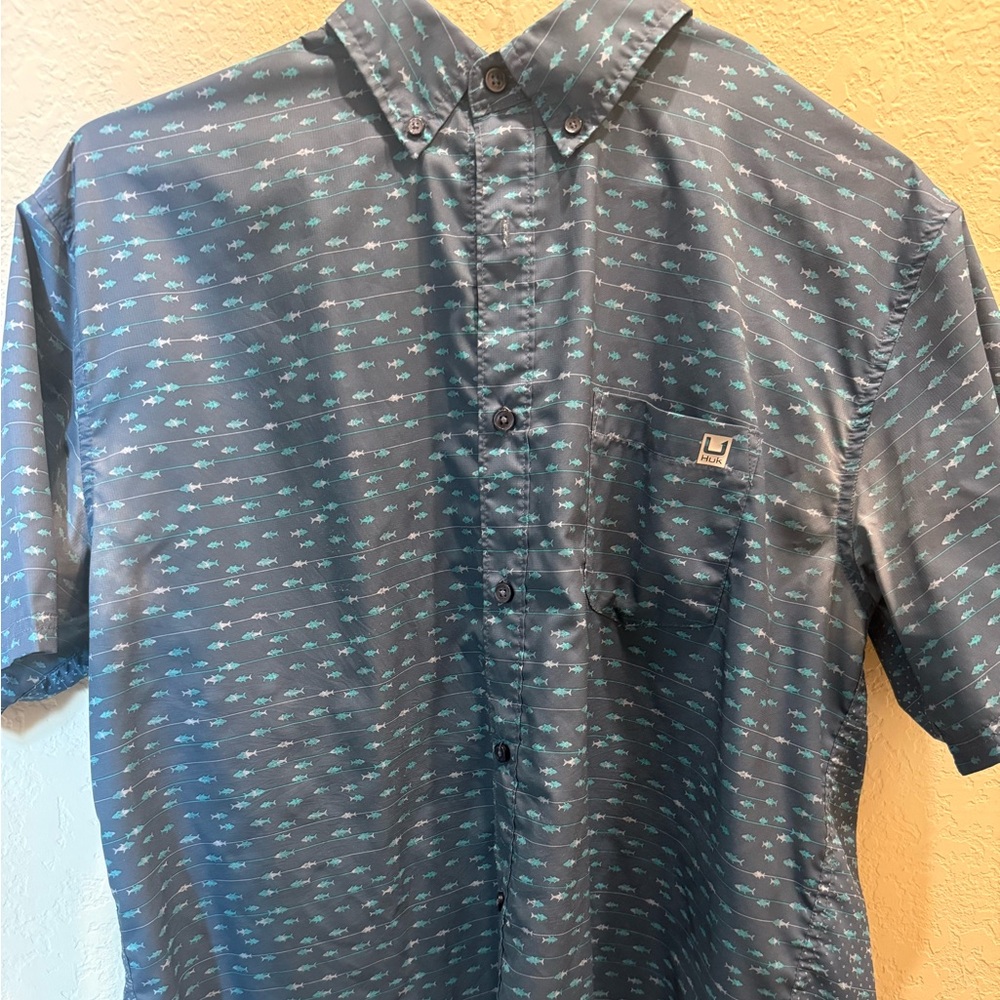 Huk Blue Short Sleeve Button-Down Shirt with Teal Fish Pattern